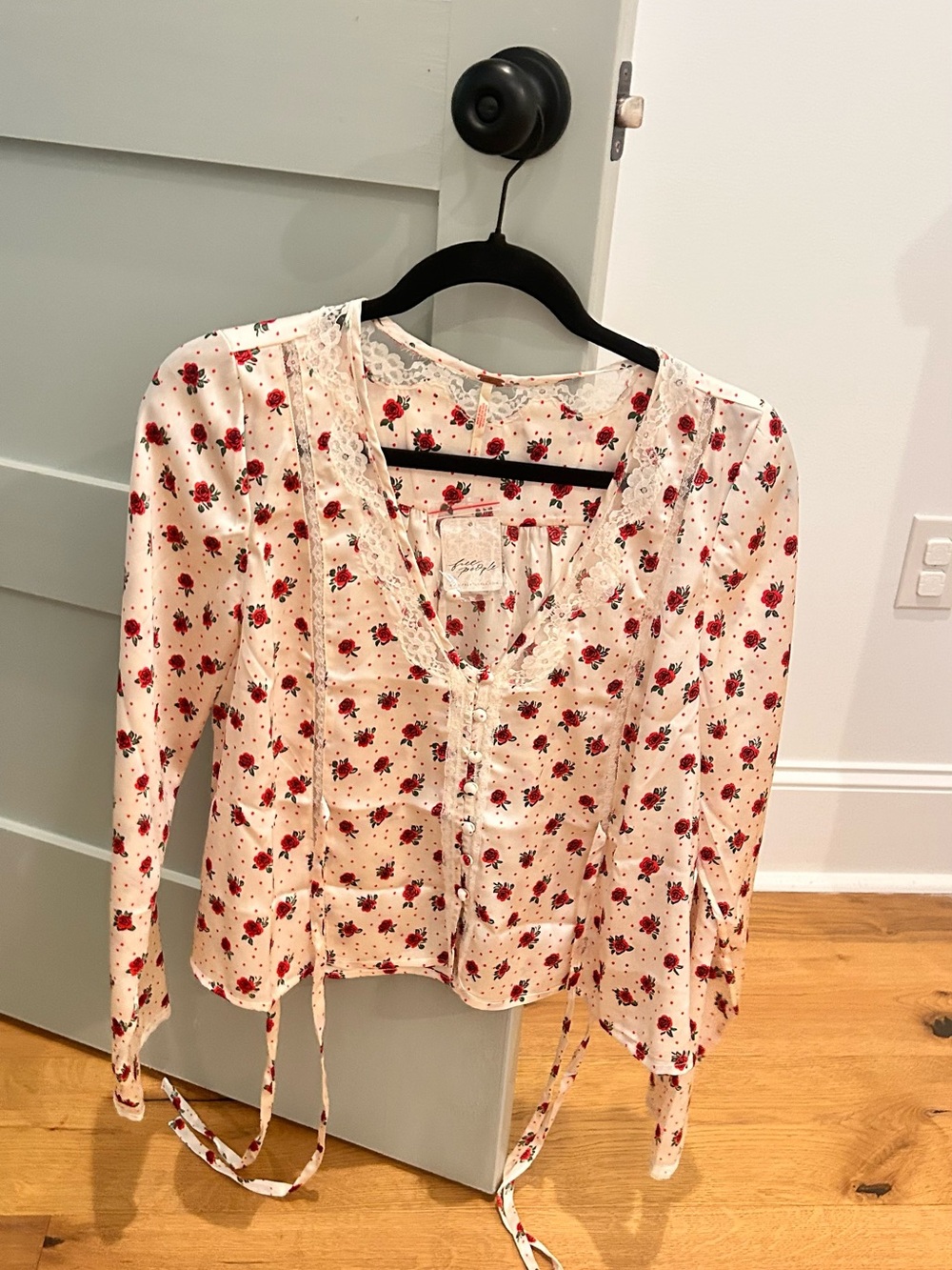 Free People Cream Blouse with Red Rose Print NWT